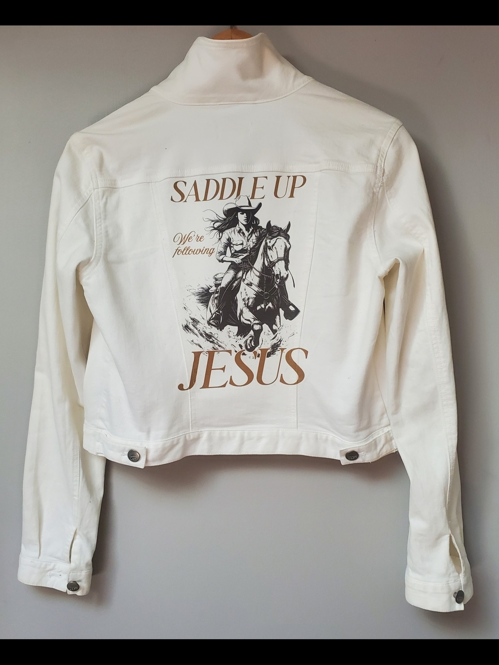 Upcycled LOFT White Denim Jacket with Brown Western 'Saddle Up Jesus' Graphic